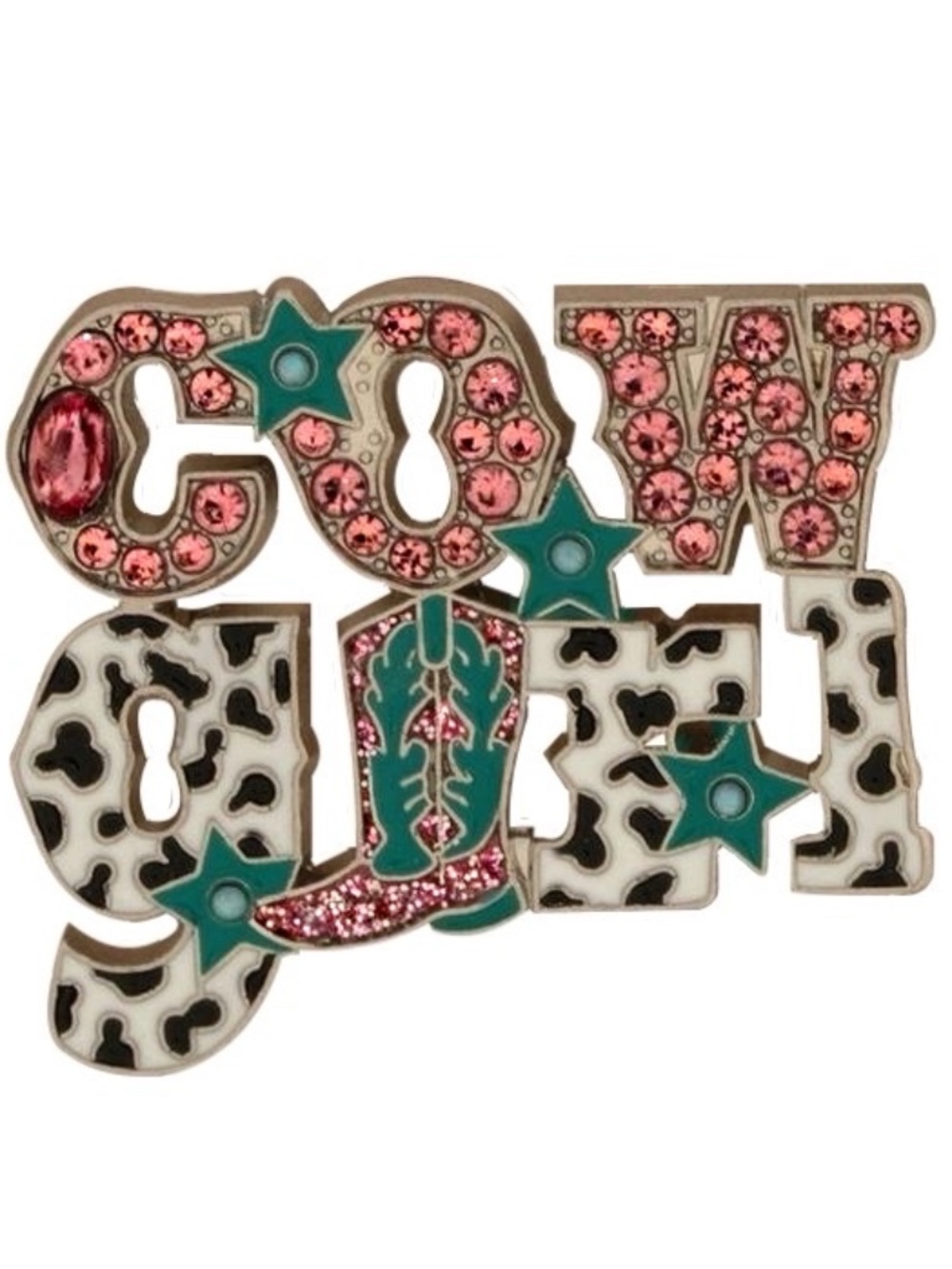 Pink Rhinestone & Cow Print Cowgirl Brooch Teal Boot Pin